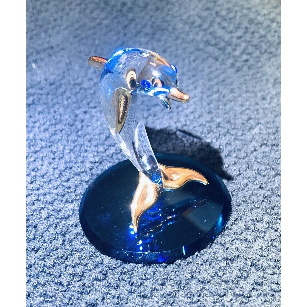 Glass Baron Collectible Crystal Dolphin 2.5” Figurine w/ Gold Trim Accent 280G-B